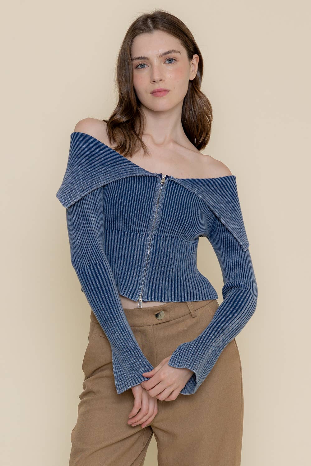 Fore Collection – wholesale Knitted jumper – Women′s – CHIC RETRO VINTAGE MINERAL WASH KNIT SWEATER TOP-TI5517FO2