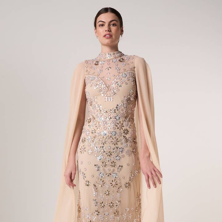 Clementine Floral Embellished Cape Sleeve Maxi Dress for wholesale by Frock & Frill