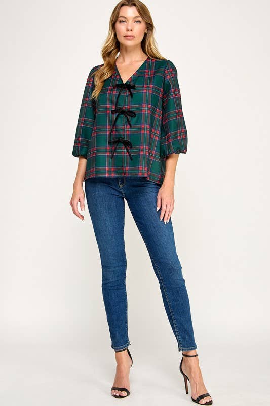MintChoco - Wholesale Screen Printed T-Shirt - Women's - Plaid Holiday tie front blouse19