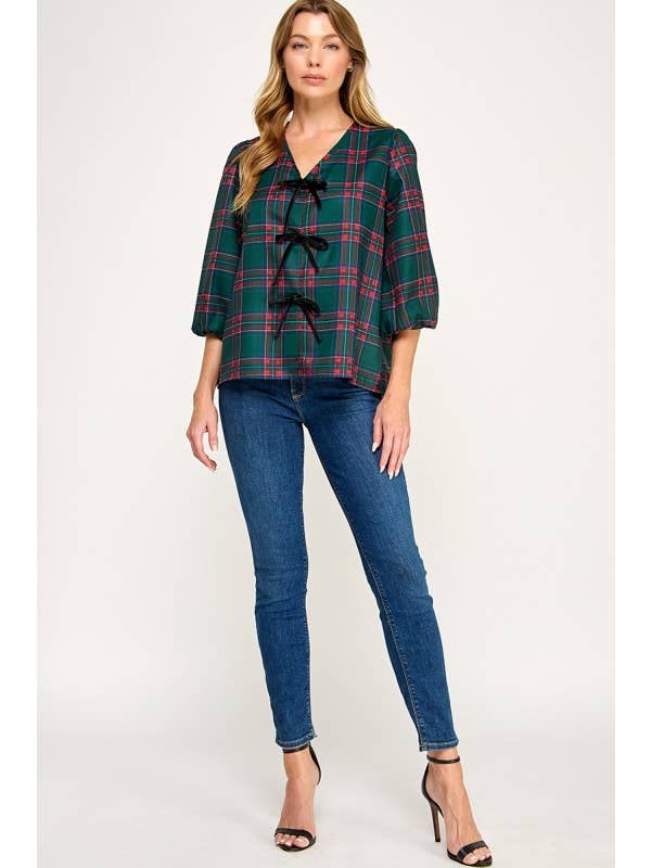 MintChoco - Wholesale Screen Printed T-Shirt - Women's - Plaid Holiday tie front blouse19