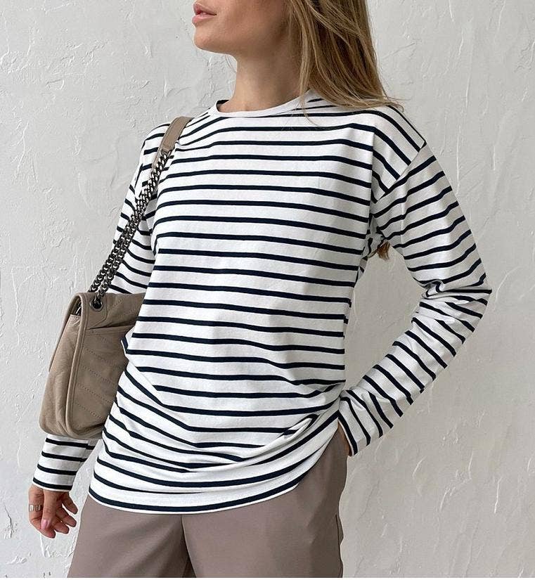 Rosa Clothing - Wholesale T-Shirt - Women's - Crewneck cotton striped T-shirt0