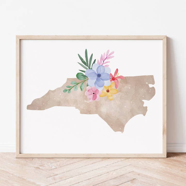 North Carolina Floral Silhouette Art Print for wholesale by Backstory Map Co.