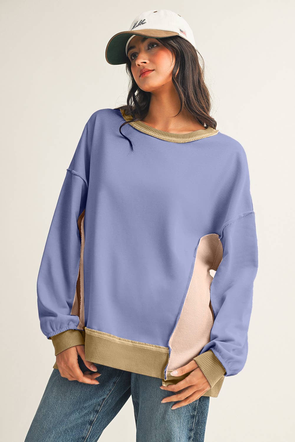 Little Daisy Closet - Wholesale Sweatshirt - Women's - Block Mix Texture Waffle Patchwork Oversize Sweatshirt 6