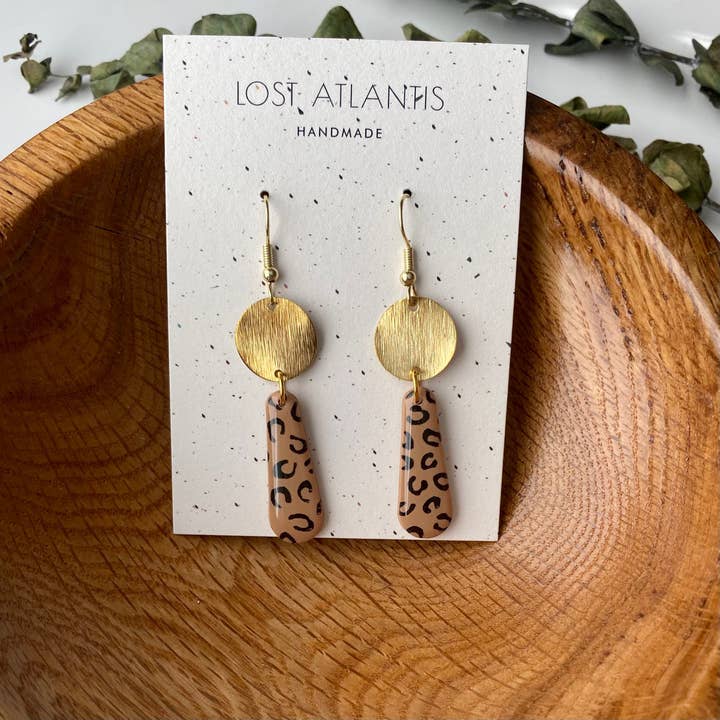 Leopard Print and Gold Clay Earrings - Animal Print Dangle E for wholesale by Lost Atlantis