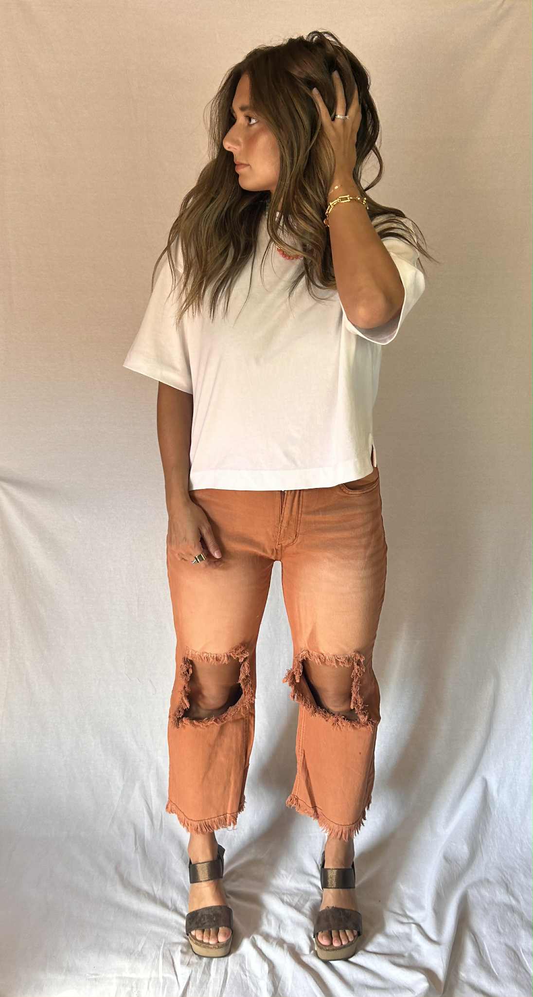 Distressed Fringe Capri Mocha Mousse for wholesale on Faire1