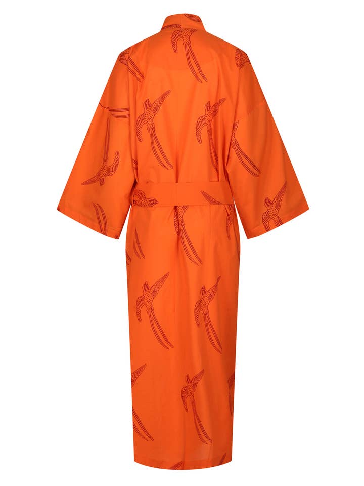 Susannah Cotton – wholesale Robe – Women's – Susannah Cotton Kimono Robe - Long Tailed Bird Red on Orange