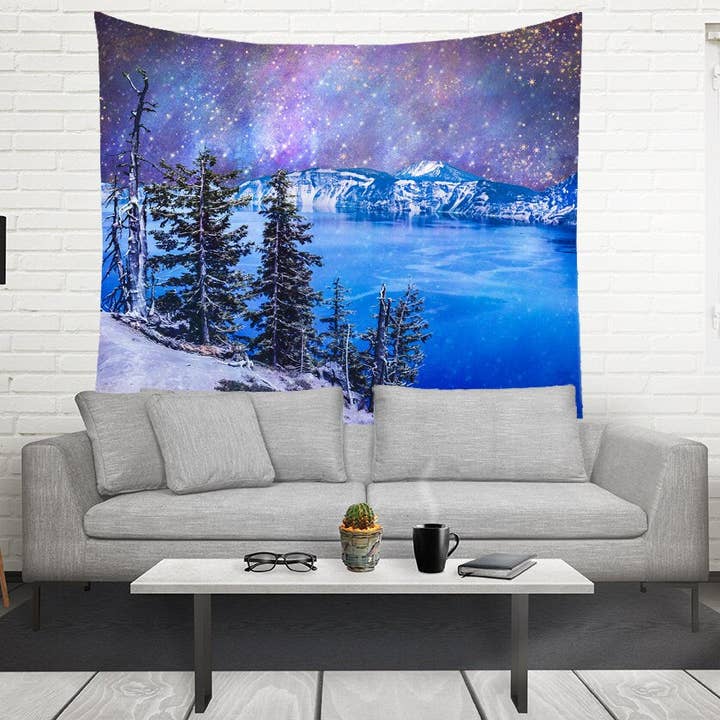 Crater Lake Oregon Surreal Wall Tapestry, Outer Space Scene for wholesale by lostkatphoto