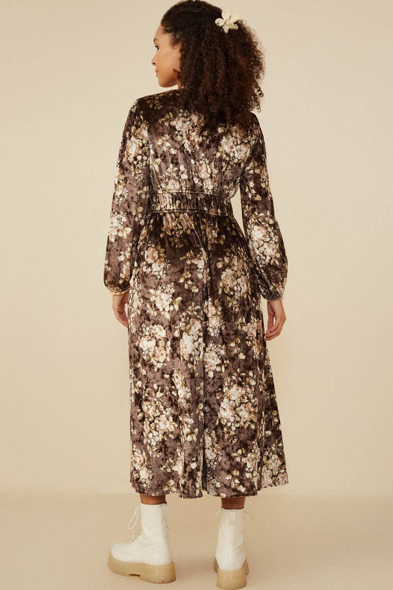 Castanho Vestido de Veludo Floral com Decote em V para Mulheres para venda a revendedores na Faire4