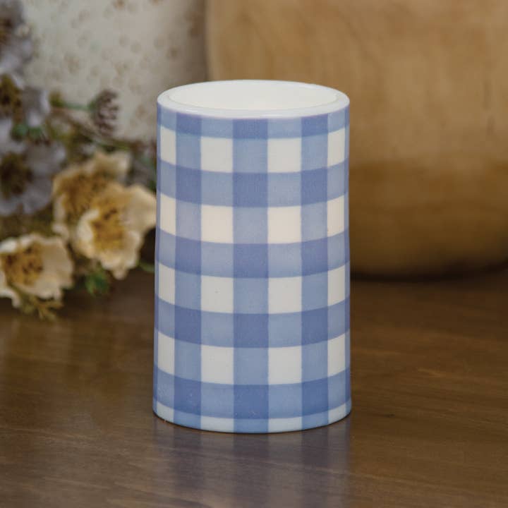 Col House Designs - Wholesale Flameless candle - Blue Gingham Check Timer Pillar, 3"x5"1