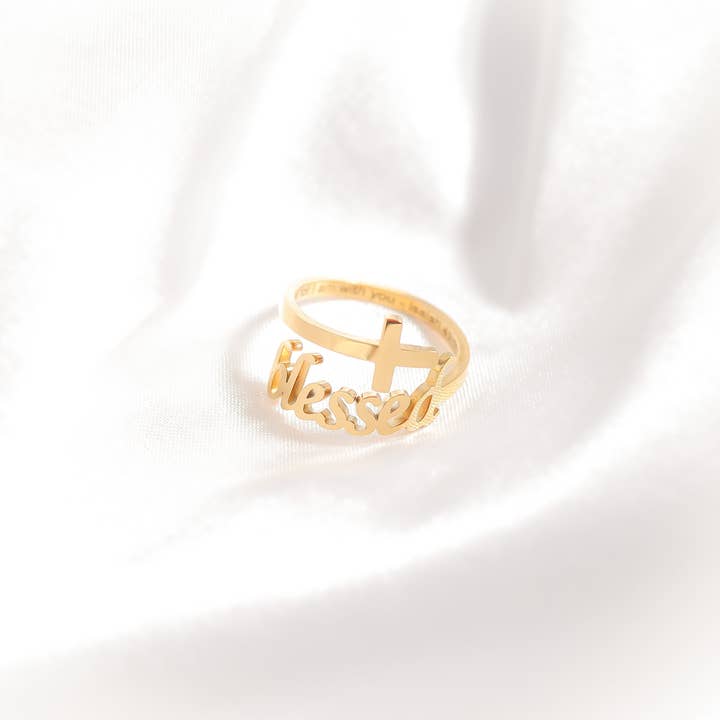 WJW - Wholesale Band/Stacked Ring - 18K Gold PVD Adjustable "Blessed" Ring