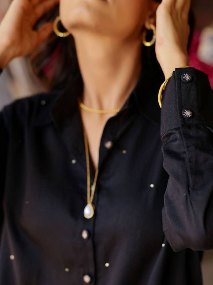 Black Hand Embroidered Evil Eye Shirt and Pant - Set of 2 for wholesale by House of Amaya