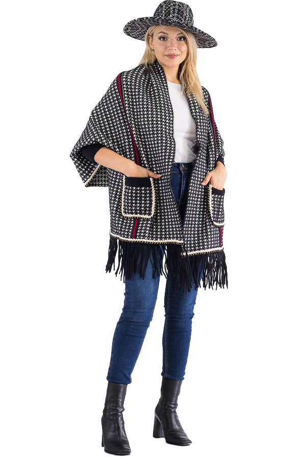 Cap Zone - Wholesale Poncho - Women's - Narrow Tri-Stripe Houndstooth Cardigan Sweater Poncho1