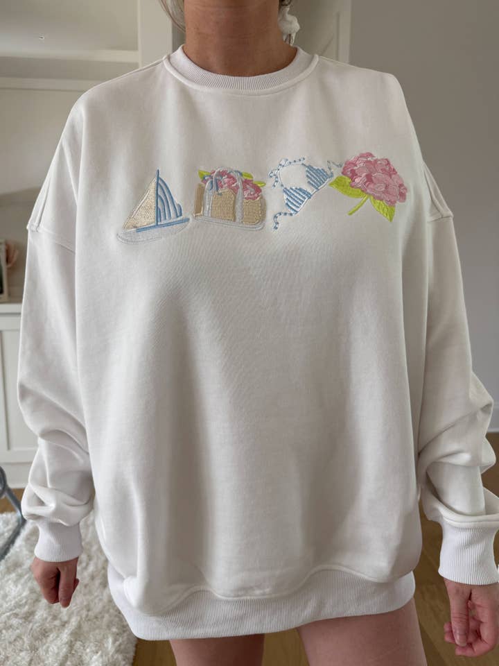 Sunkissed Coconut - Wholesale Sweatshirt - Women's - White Old Harbor Garden Embroider Sweatshirt1