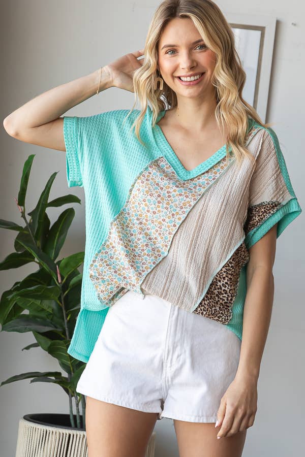 7th Ray – Túnica - Mulher por atacado – Top de Patchwork de Múltiplos Tecidos com Decote em V e Manga Curta T5941