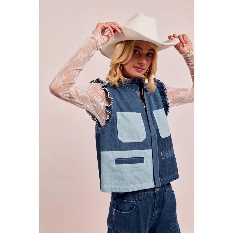 Washed Denim Vest With Block And Shirring Details for wholesale on Faire4