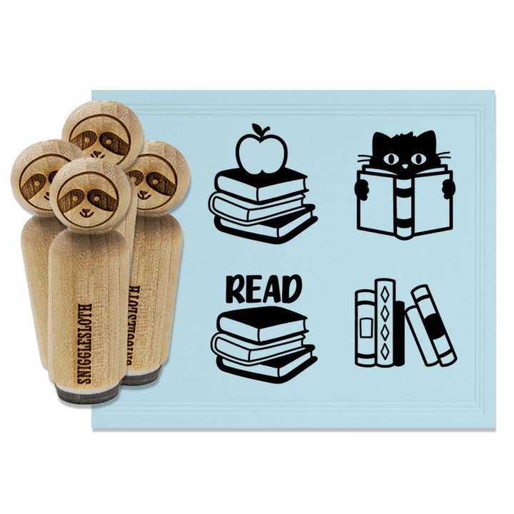 Read Reading Stack of Books Library School Cat Rubber Stamp Set for Stamping Crafting Planners for wholesale by Sniggle Sloth