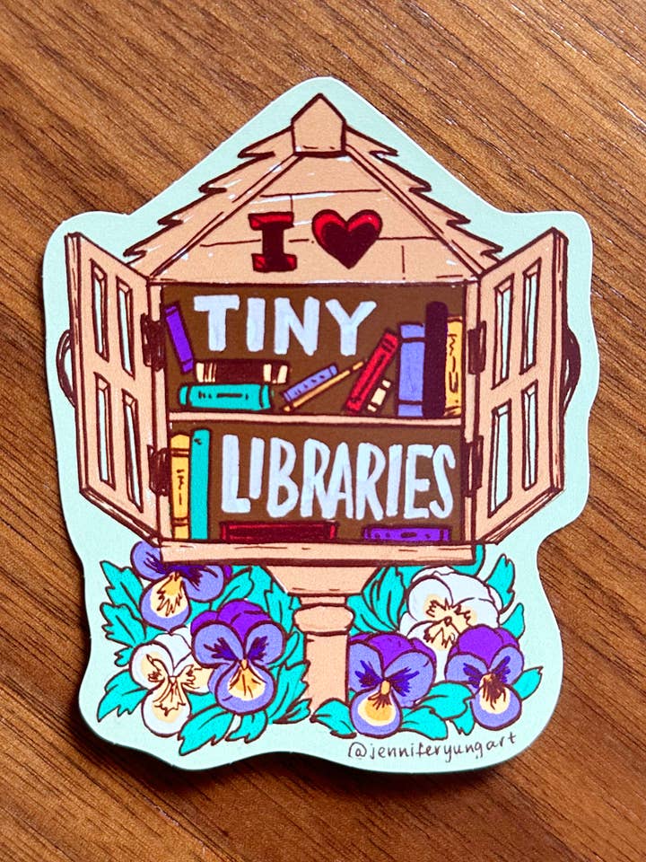 J'adore les autocollants dessinés à la main des petites bibliothèques pour la vente par Jennifer Yung Art