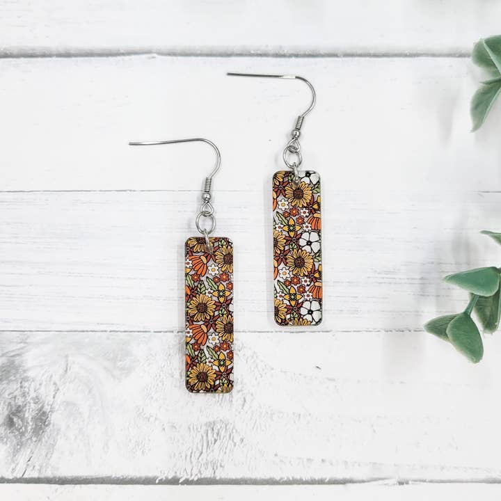 Vintage Florals Acrylic Bar Dangle Earrings for wholesale by The Purple Chickadee