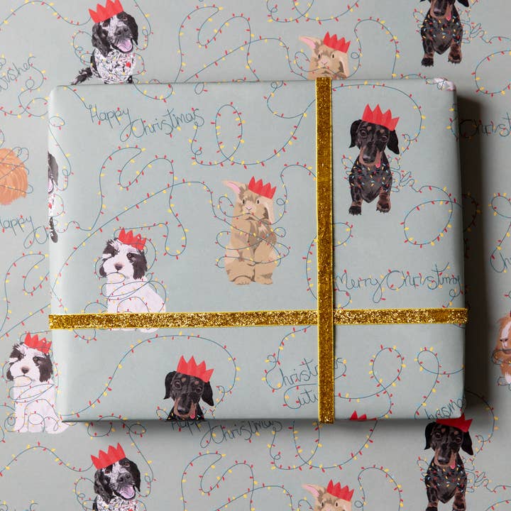 Lorna Syson - Venta al por mayor Sobre de papel de regalo - Papel de regalo de luces navideñas con perros, gatos, conejillos de indias0