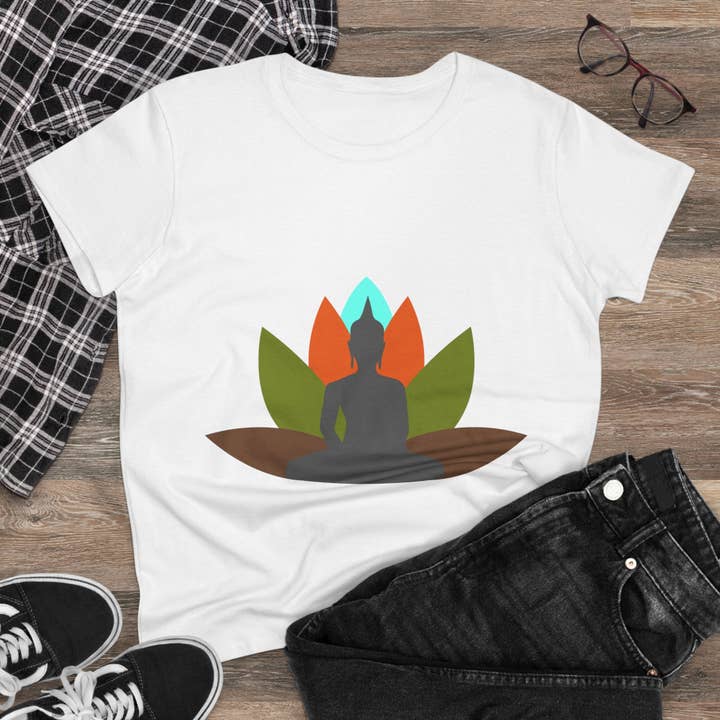 Women’s Graphic Tee – Buddha with Lotus Flower – Mid-weight Soft Cotton for wholesale by Restored By Nature Company