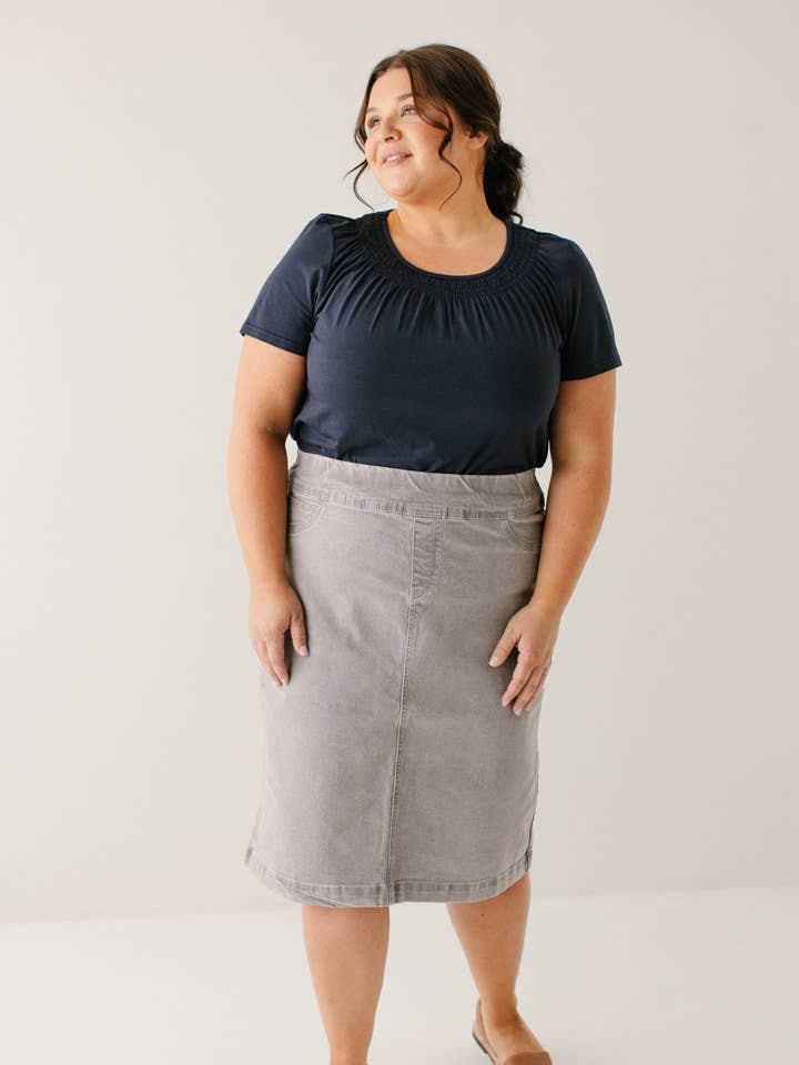 'Sara' Classic Knee Length Denim Skirt in Vintage Grey for wholesale by The Main Street Exchange
