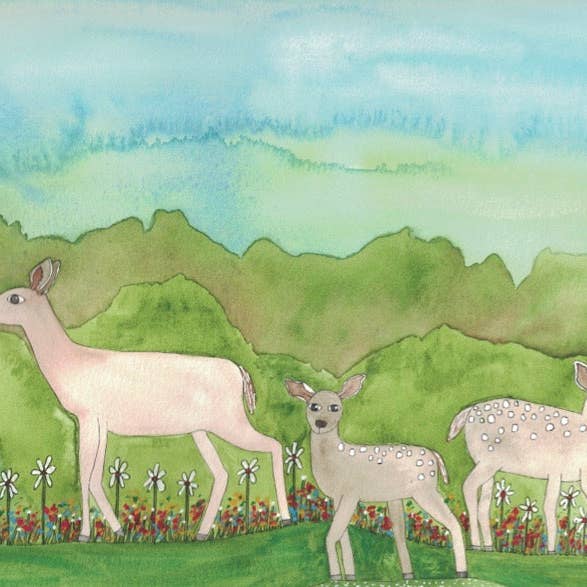 ”Mama Deer & Spring Twins” gratulationskort för wholesale av Elle Bee Art Studio