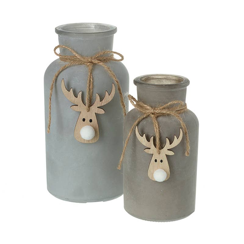 Heaven Sends – wholesale Decorative tabletop object – GREY BOTTLES SET WITH WOODEN DEER HEADSx0