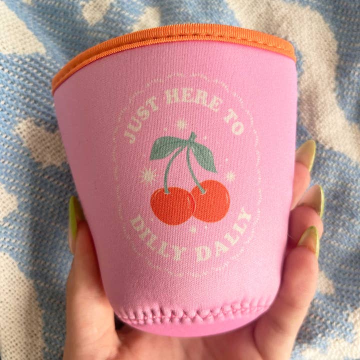 Jollie Ollie Designs - Wholesale Drink Huggers & Koozies - Dilly Dally Cherries Coffee Sleeve