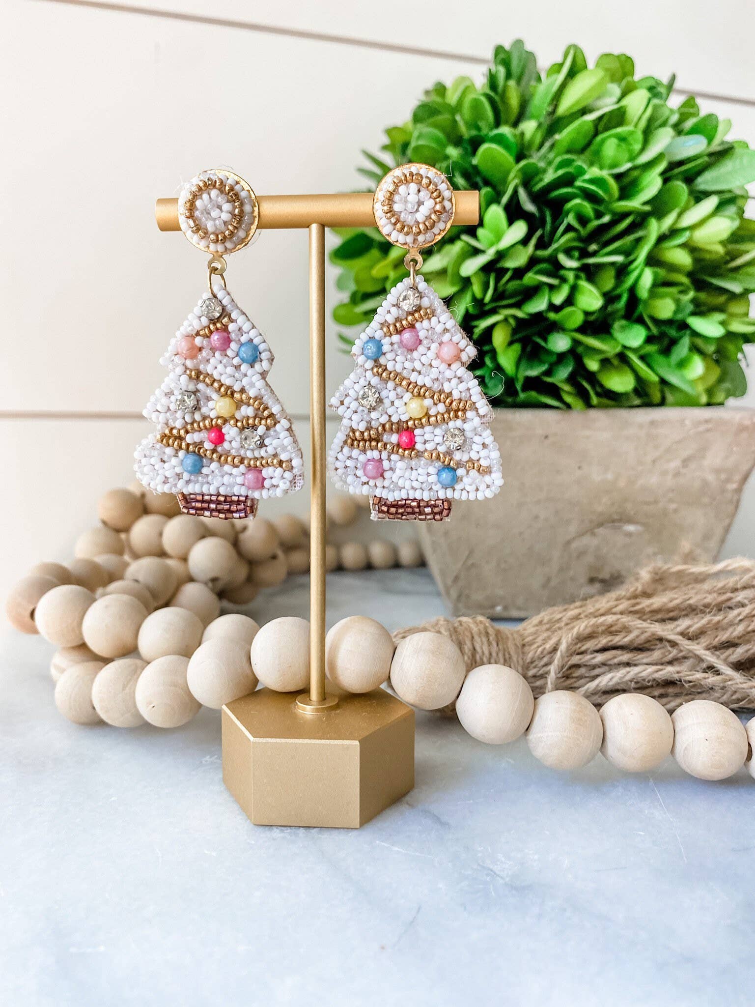 Brookhaven Baubles - Wholesale Dangle Earrings - White Christmas Tree Beaded Statement Earrings2