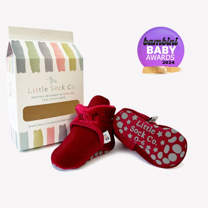 Crimson Red Velvet - Stay-on, Non-Slip Booties - Cosy Christmas Pram Slipper or Baby Carrier bootie for wholesale by The Little Sock Company