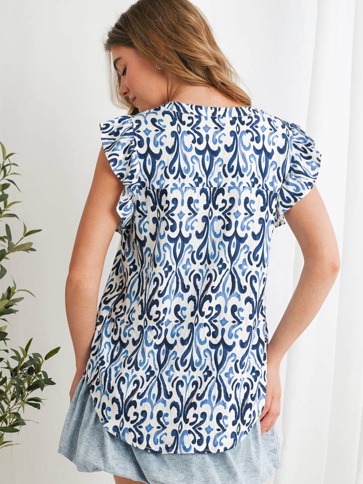 As shown Boho Abstract Print Pintuck Detail Ruffled Top | S-XL for wholesale on Faire