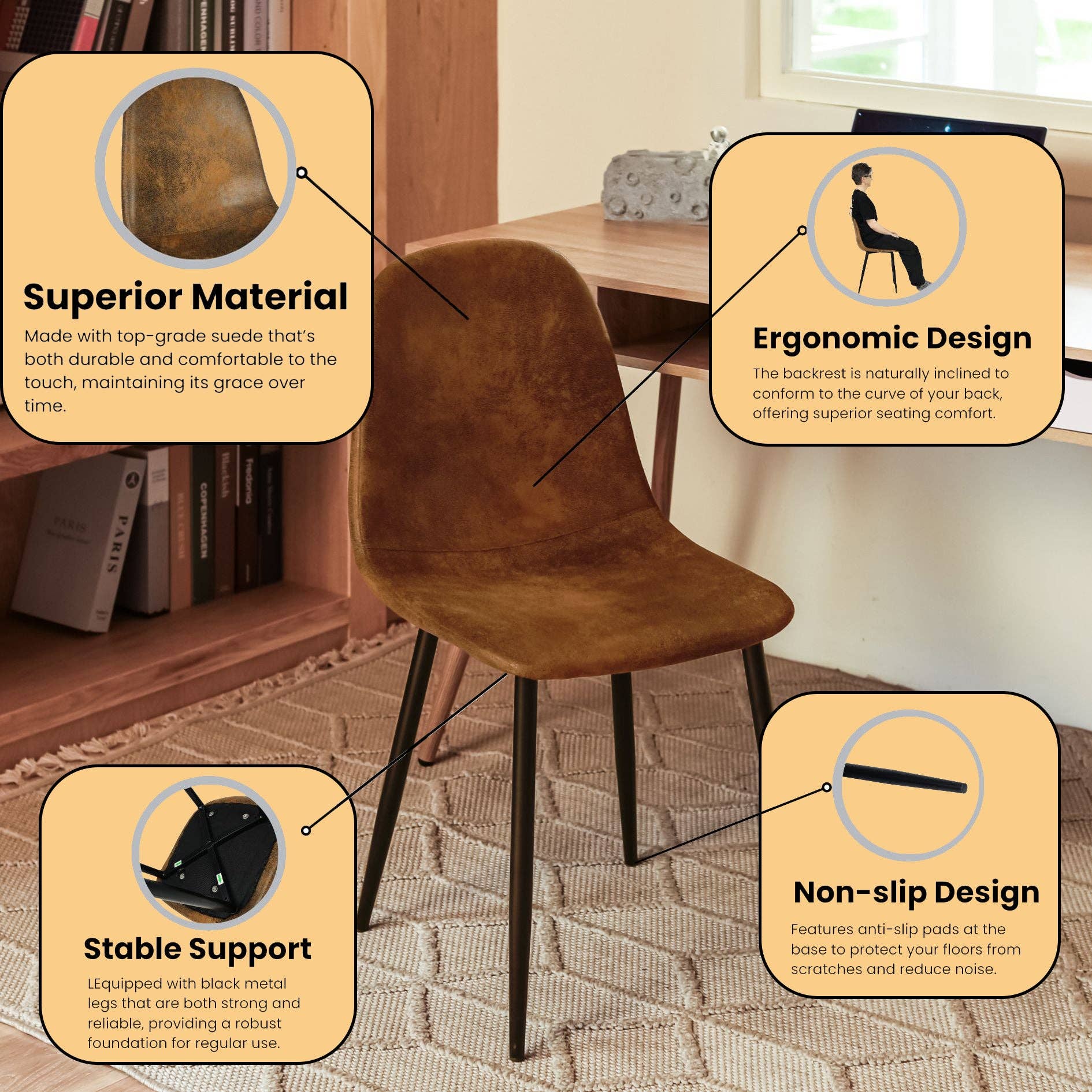 Urban Meuble – wholesale Stol – Set med 4 vintage skandinaviska matstolar i retro brunt mocka CHARLTON SUEDE BROWN7