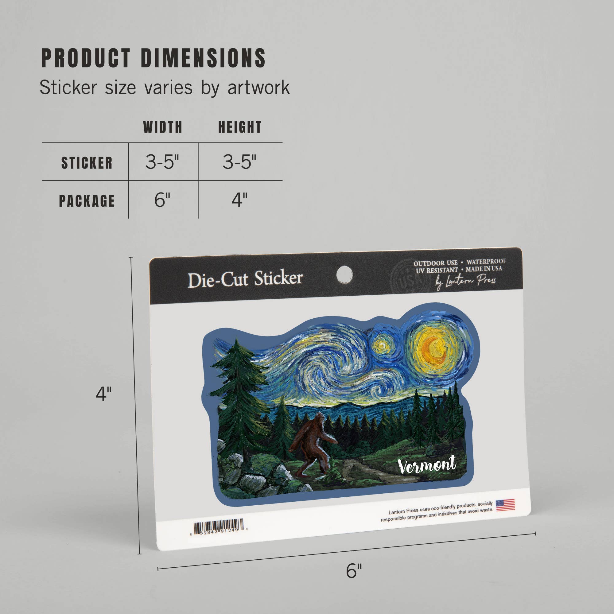 Lantern Press - Vendita all'ingrosso Adesivo - ADESIVI Vermont, Notte Stellata, Bigfoot12