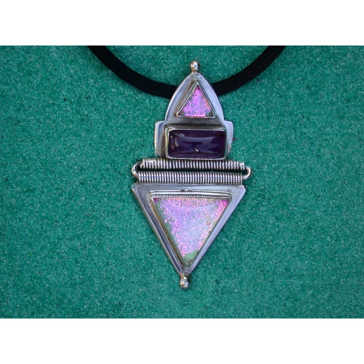 Pink green dichroic glass, amethyst sterling silver pendant for wholesale by Tidepool