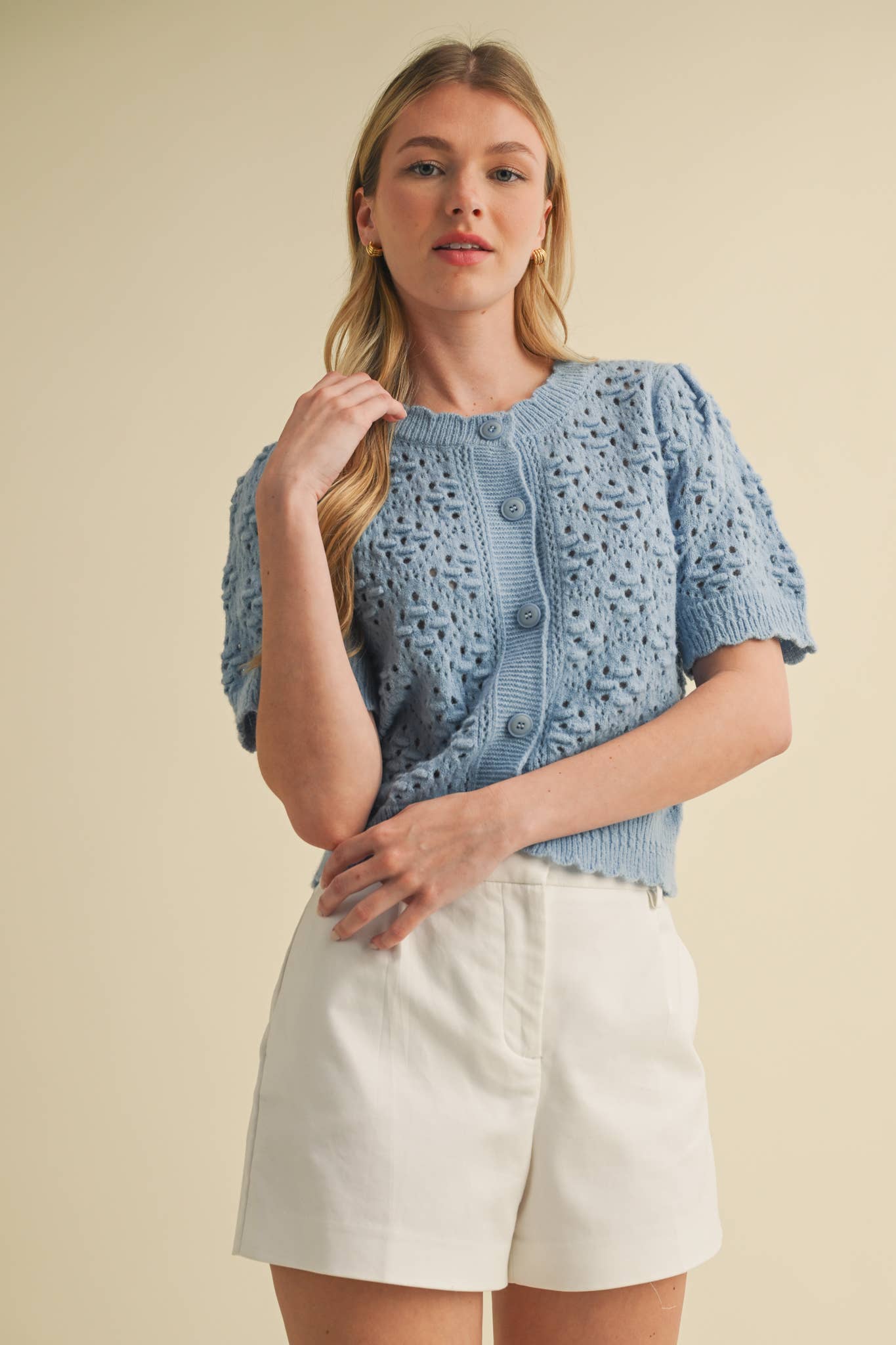 &MERCI - Wholesale Cardigan - Women's - CROPPED POINTELLE BUTTON DOWN SWEATER CARDIGAN MSW1085754