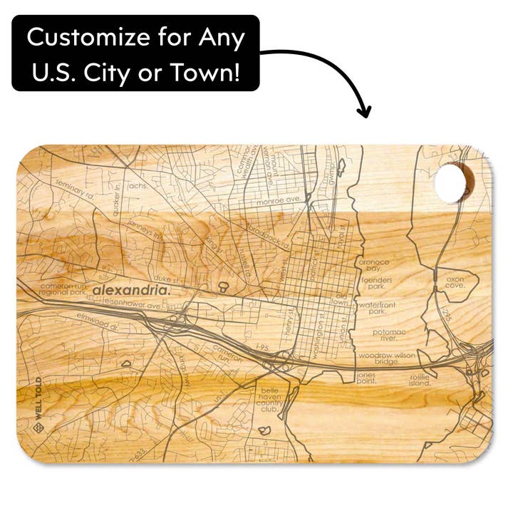 GRAVURE PERSONNALISÉE - Carte de ville / village des États-Unis - Planches Radius - Érable pour la vente par Well Told