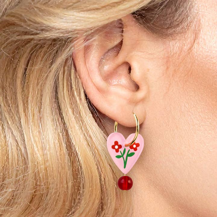 Natalie Lea Owen – Handmade Jewellery & Greeting Cards - Wholesale Hoop Earrings - Heart Charm Hoop Earrings | Pink Floral | Jewellery Gift Her3