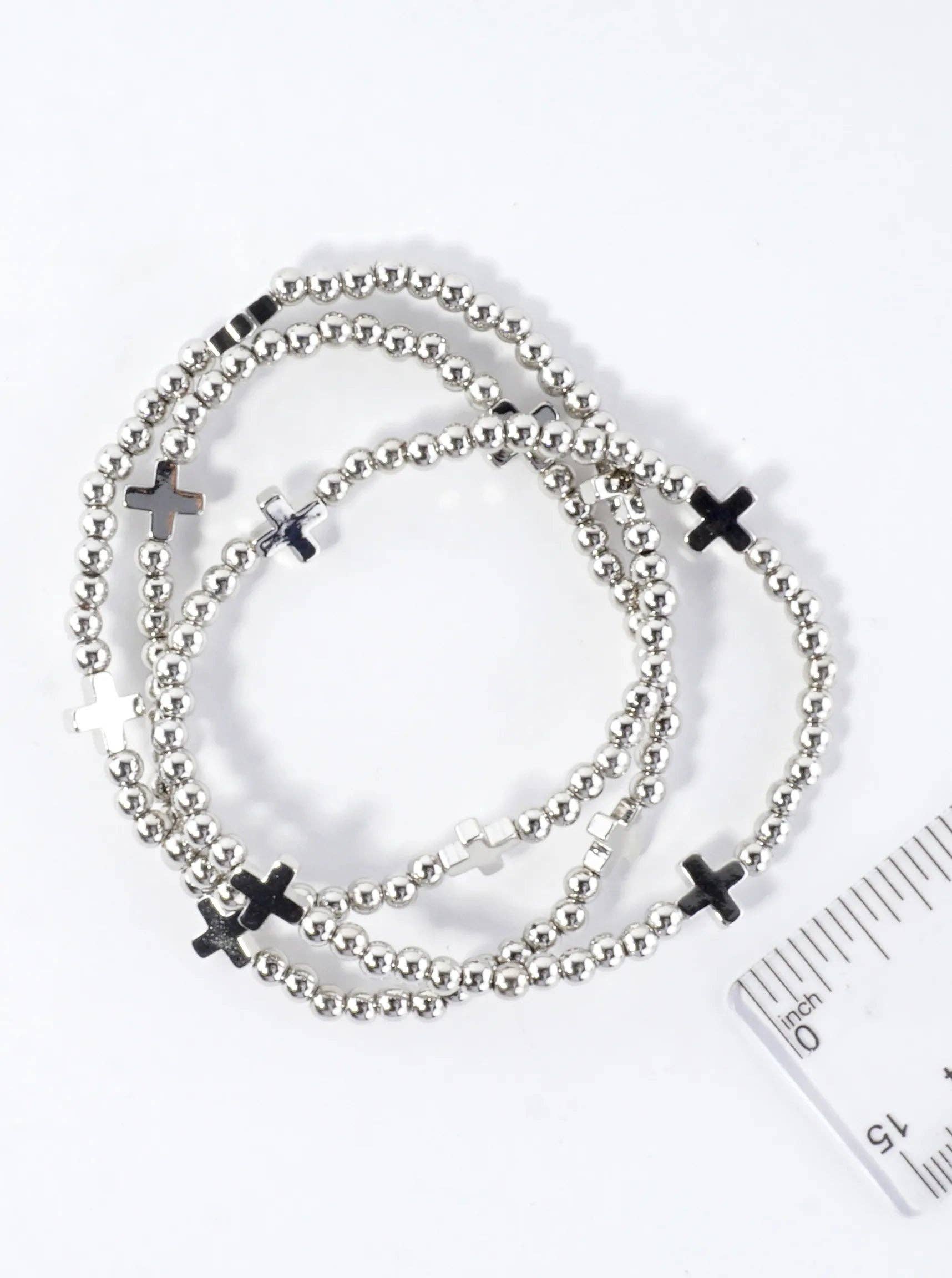 Wild Honey - Wholesale Jewelry Set - 3PC-Set Metallic Beads Cross Stackable Stretch Bracelets5