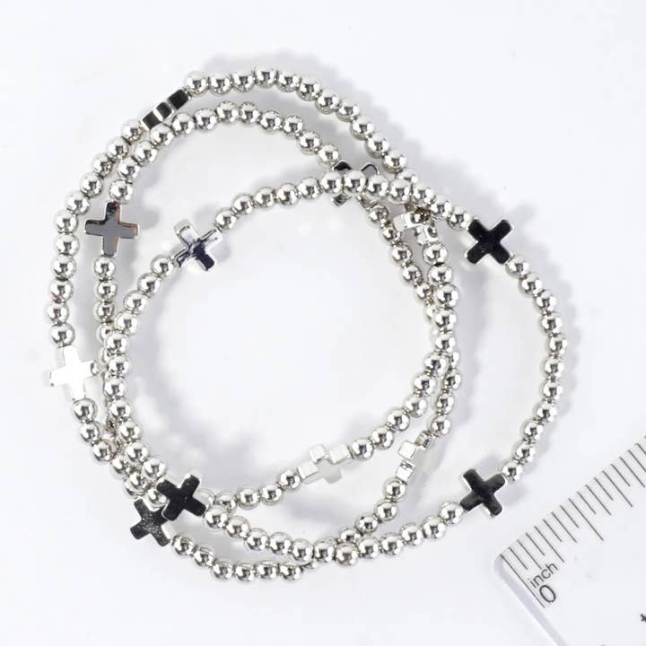 Wild Honey - Wholesale Jewelry Set - 3PC-Set Metallic Beads Cross Stackable Stretch Bracelets5