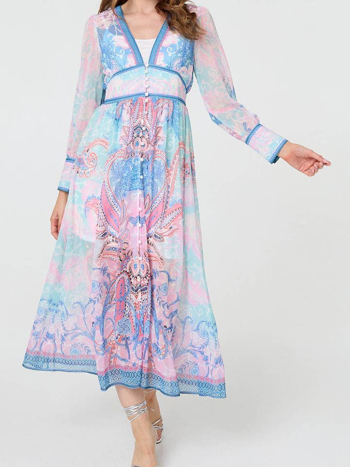 Abito midi a impero con scollo a V e stampa a bordo per la vendita all'ingrosso da parte di Stellalondon