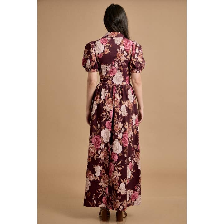 BURGUNDY COMBO Holiday Floral Puff-Sleeve Maxi Dress for wholesale on Faire5