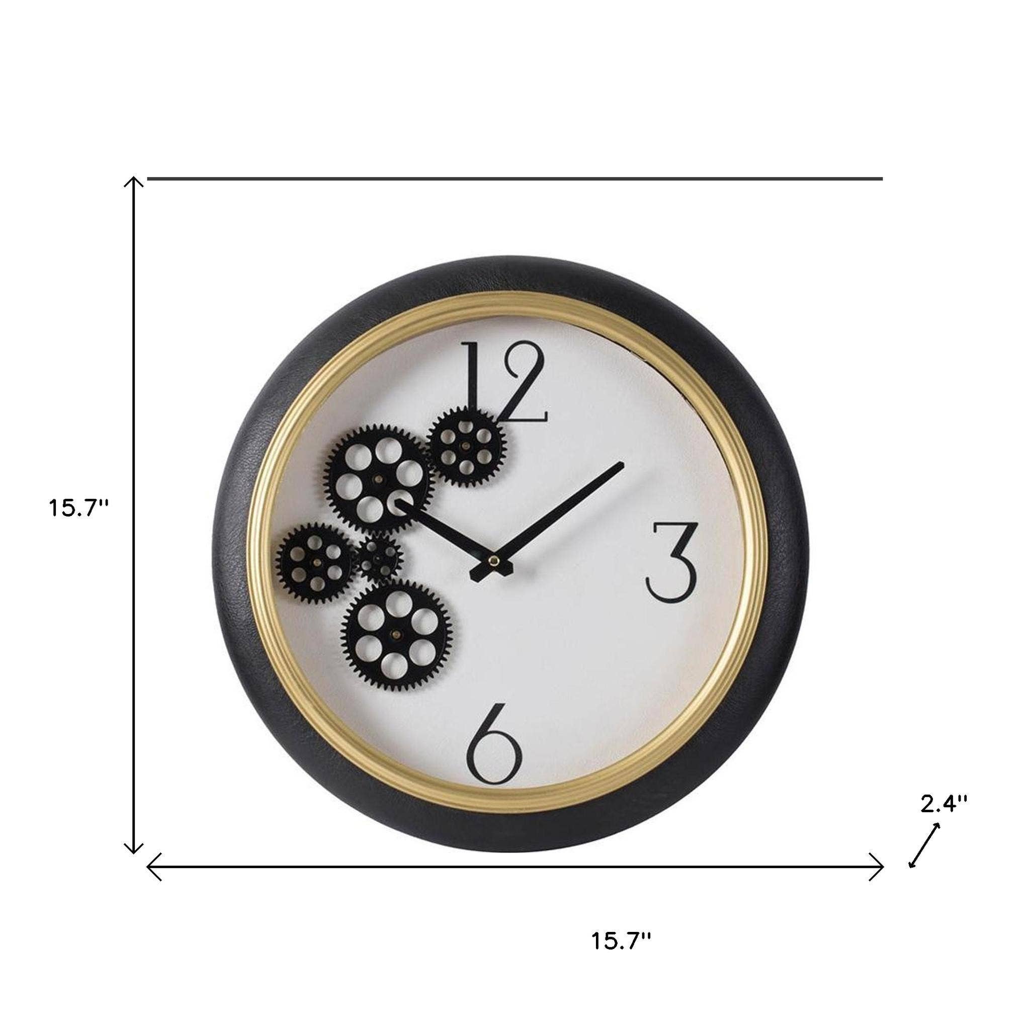 HomeRoots - Wholesale Wall Clock - 16" Black Gold And White Faux Leather And Iron Analog Exposed Gear Round Wall Clock2