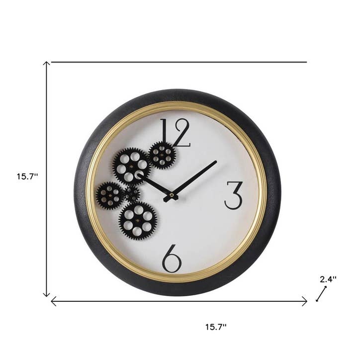 HomeRoots - Wholesale Wall Clock - 16" Black Gold And White Faux Leather And Iron Analog Exposed Gear Round Wall Clock2