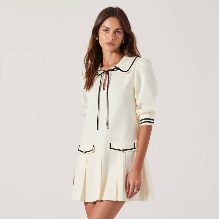 Long-Sleeve Pleated Mini Dress with Contrast Collar Bow Tie for wholesale by Modenaire
