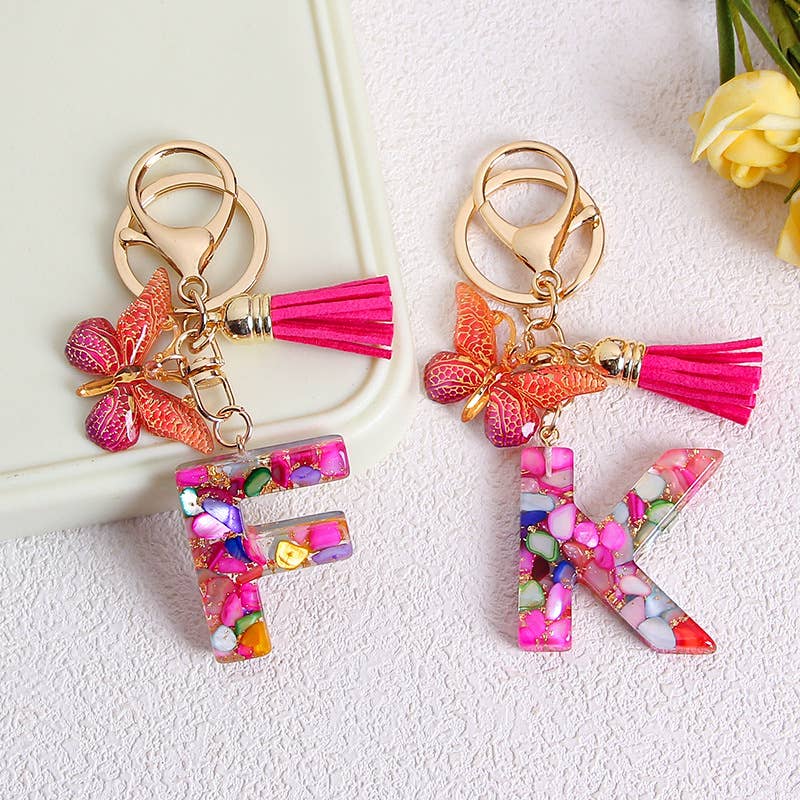 MKS America - Wholesale Keychain - Women's - Glitter Butterfly 26 English Letter Tassel Resin Keychain26