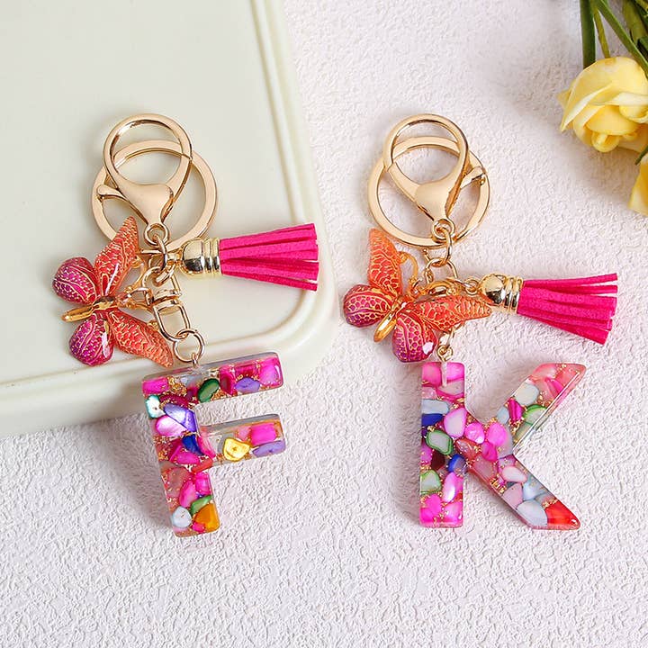 Glitter Butterfly 26 English Letter Tassel Resin Keychain for wholesale by MKS America
