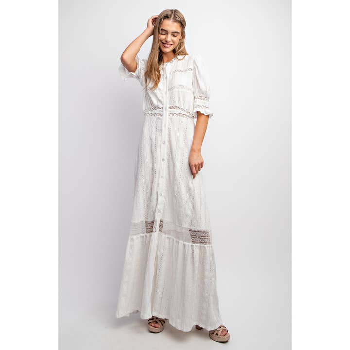 Sweet Generis - Wholesale Dress - Women's - CHIC WOVEN MAXI BUTTON DOWN SHIRT DRESS WITH TRIM LACE DETAI9