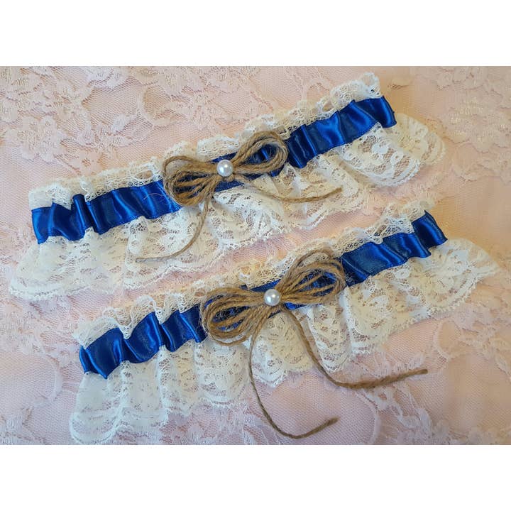 Bellarosa Garters - Vendita all'ingrosso Giarrettiera - Donna - Set di giarrettiere da sposa in raso blu reale e pizzo avorio