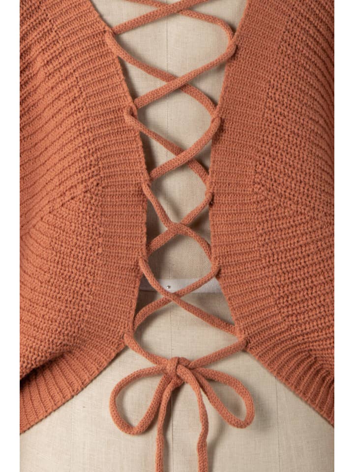 MIRACLE - Wholesale Knit Sweater - Women's - Dolman Sleeve Back Lace Up Cable Knit Sweater