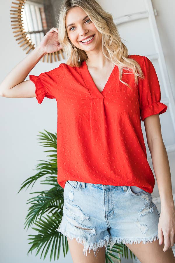 7th Ray - Vendita all'ingrosso Camicetta - Donna - Blusa a maniche corte con volant e scollo a V con pois svizzeri T468315